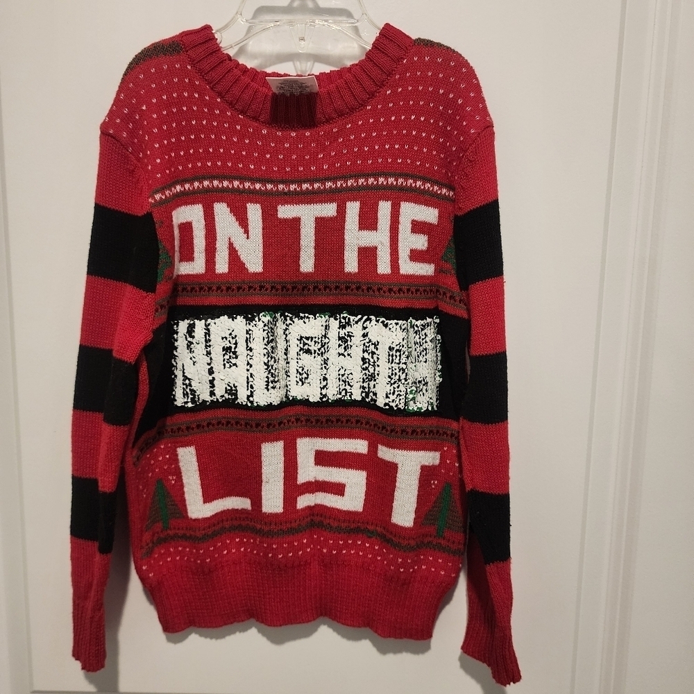 "I'm On The Nice/Naughty List" Red Knit Sequin Ugly Christmas Sweater Boy's XS
